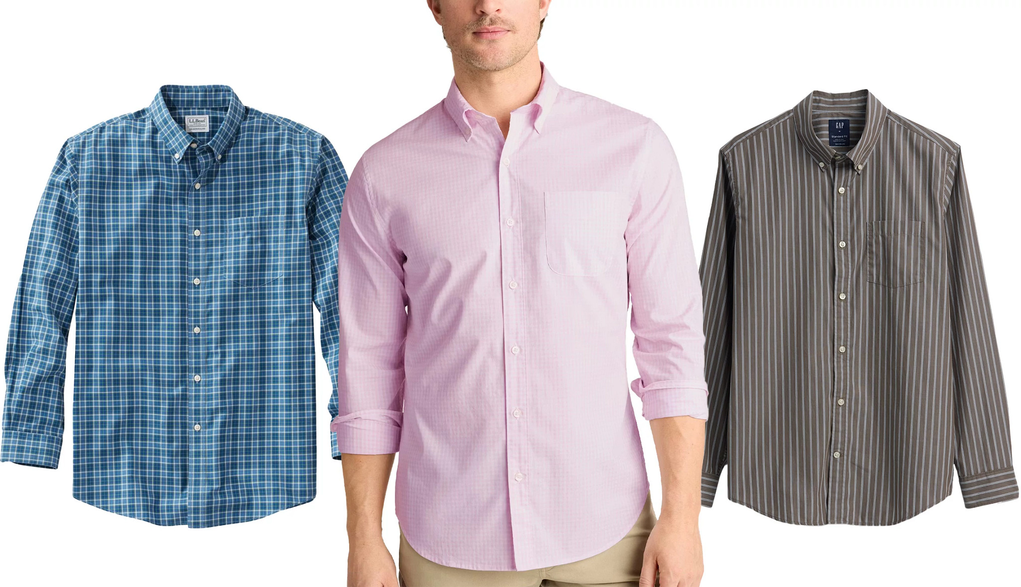 a collage with two styles of patterned button down shirts and a model wearing a pink solid button down shirt