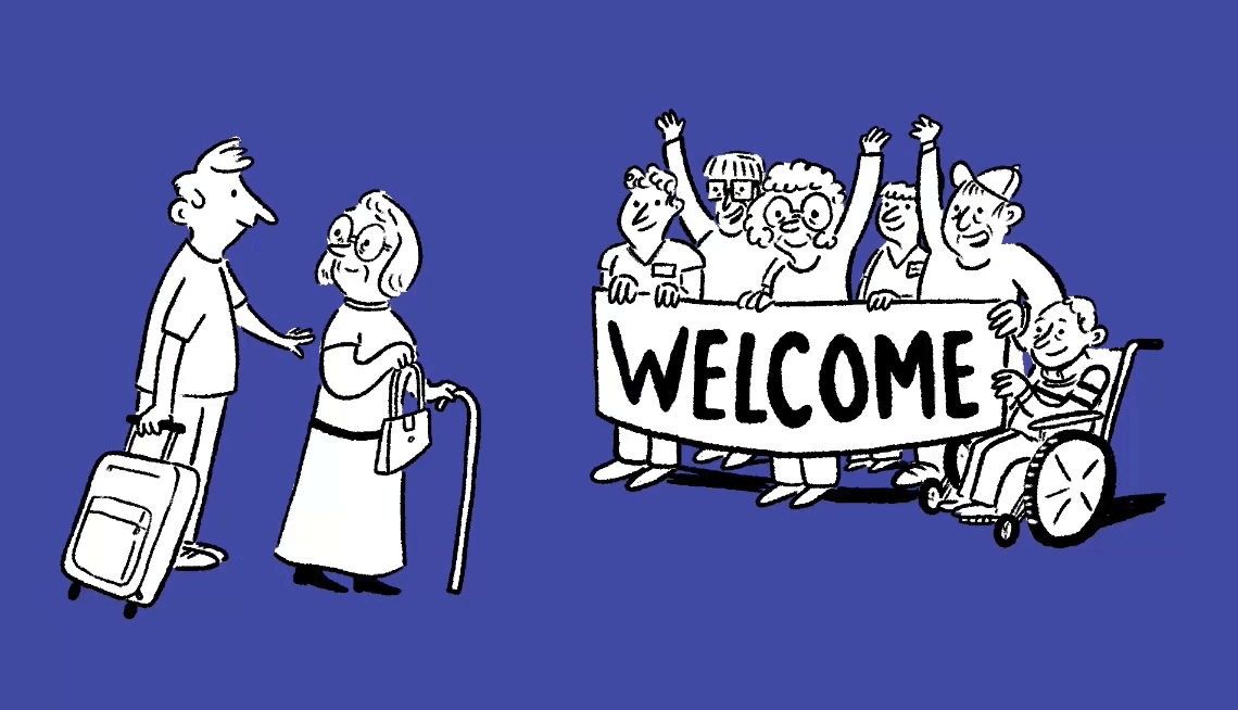 Dr. Adam Assisted Living illustration of an older couple being welcomed
