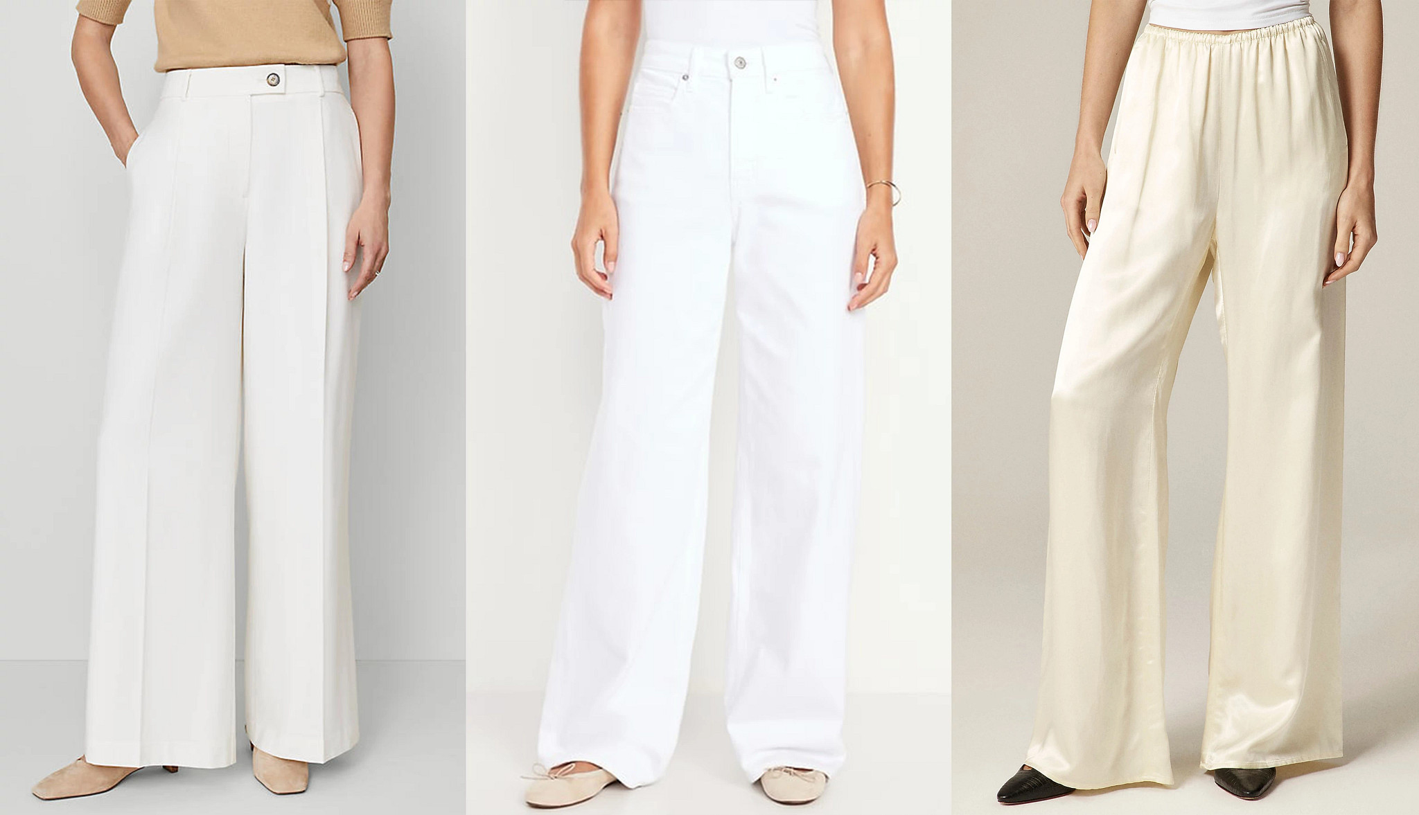 a collage with models wearing three different styles of trousers in white and cream
