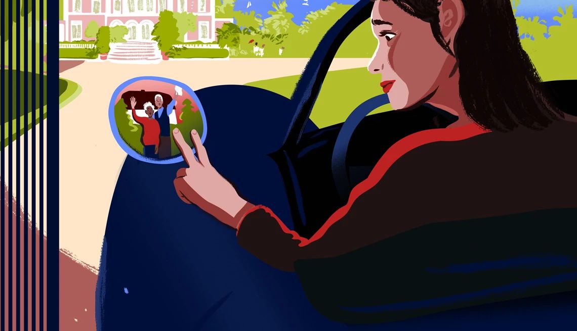 Overcoming Middle-Age Traveler’s Guilt Illustration of a middle-aged woman looking in the rearview mirror of her car as her parents wave goodbye