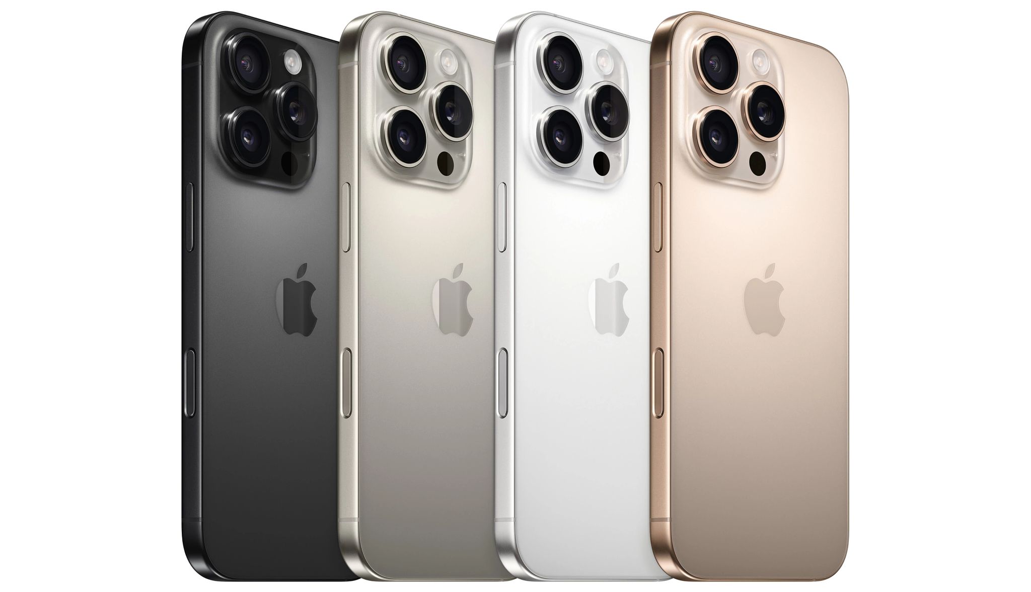 A lineup of Apple's iPhone 16 Pro. A lineup of Apple's iPhone 16 Pro.