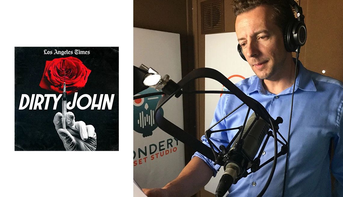 Los Angeles Times staff writer Christopher Goffard standing in front of a microphone during the recording of the Dirty John podcast at Wondery's studios and the cover art for the Dirty John podcast