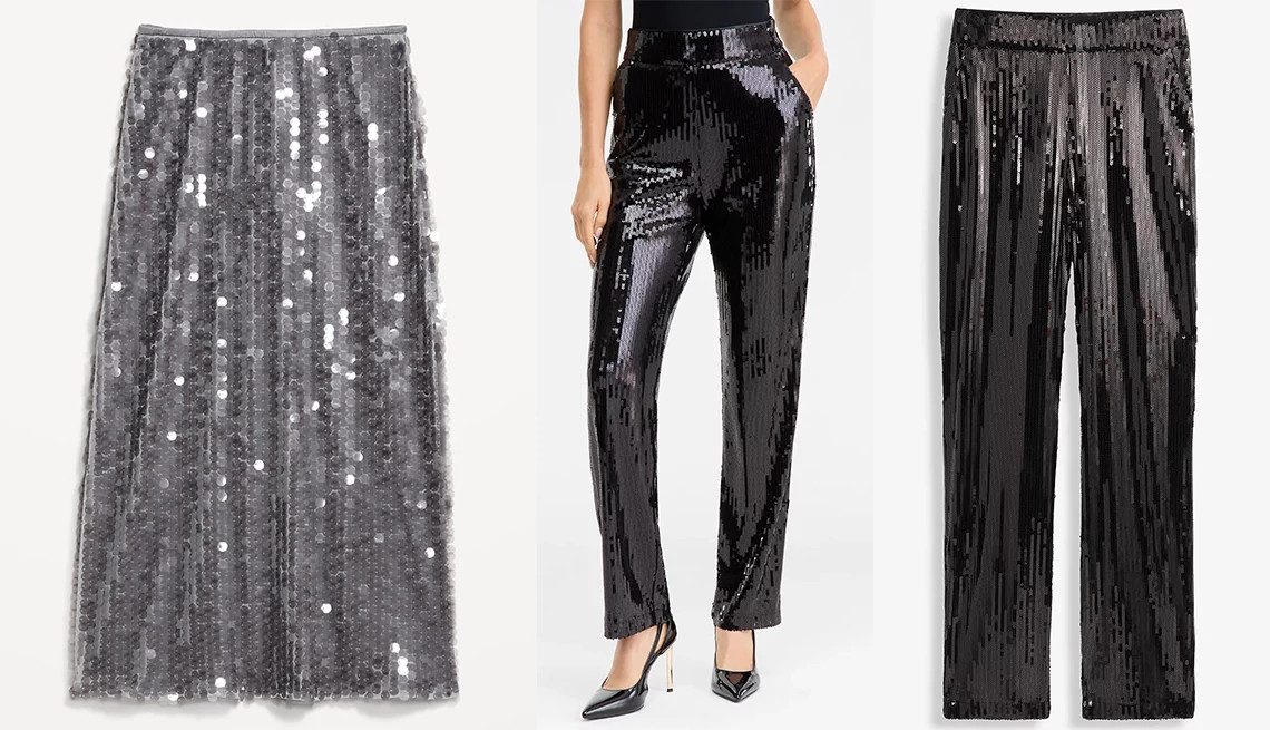 a collage with sparkly sequined pants and a skirt