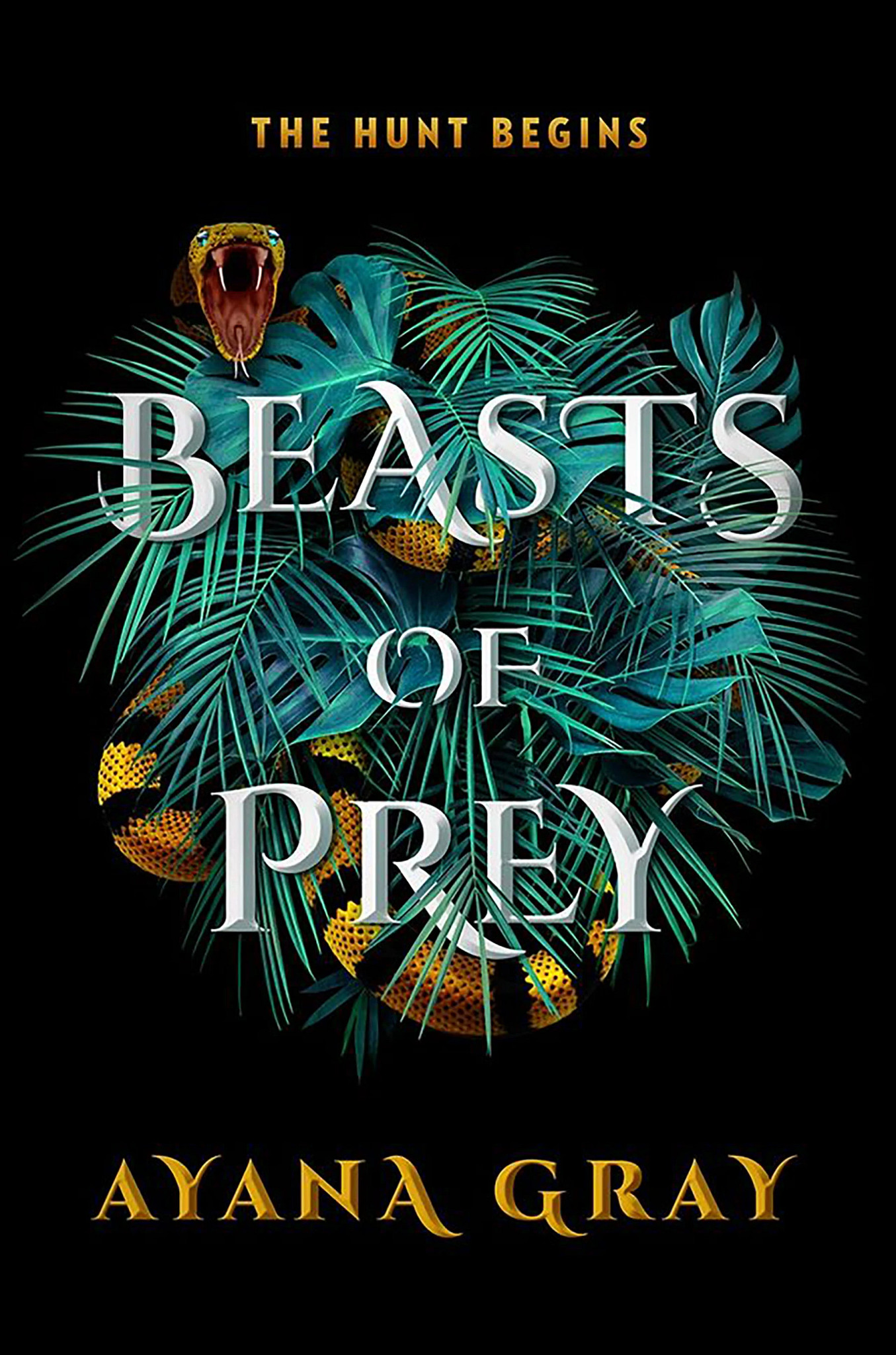 Book cover for Beasts of Prey by Ayana Gray featuring a coiled snake among tropical leaves and gold text on a black background