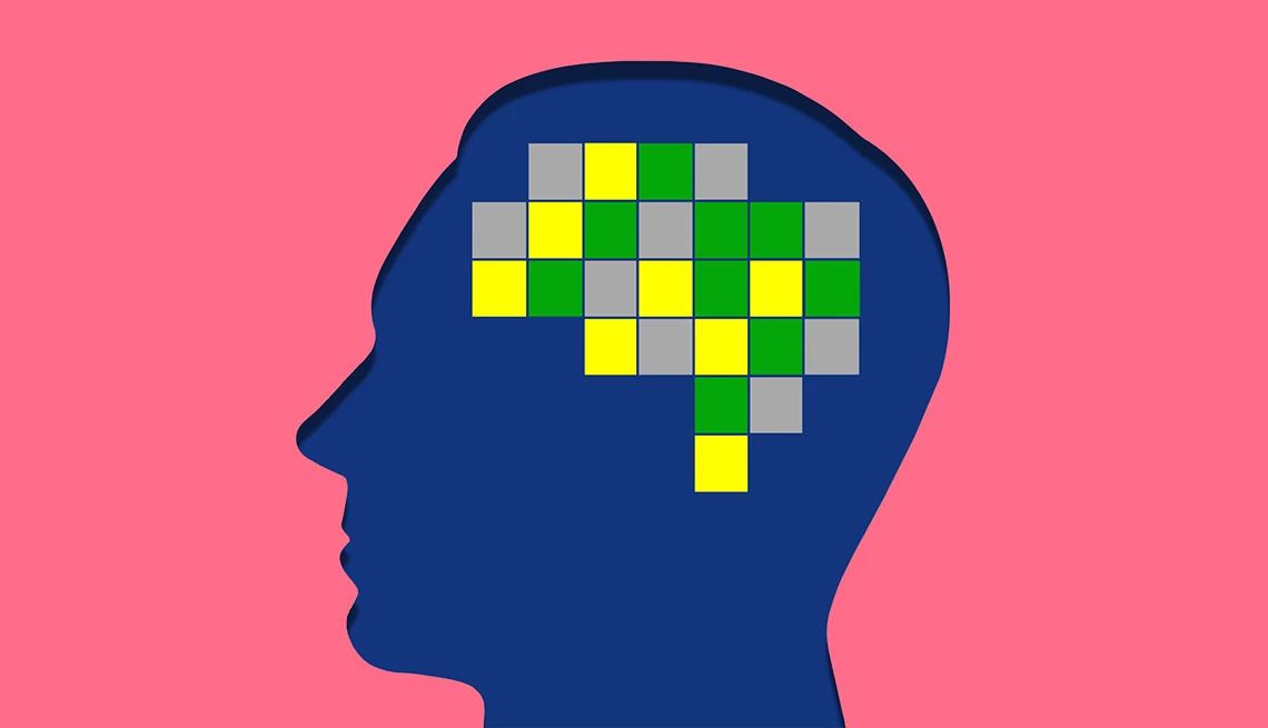 Your mind on Wordle Illustration of side profile of face with wordle squares where the brain is