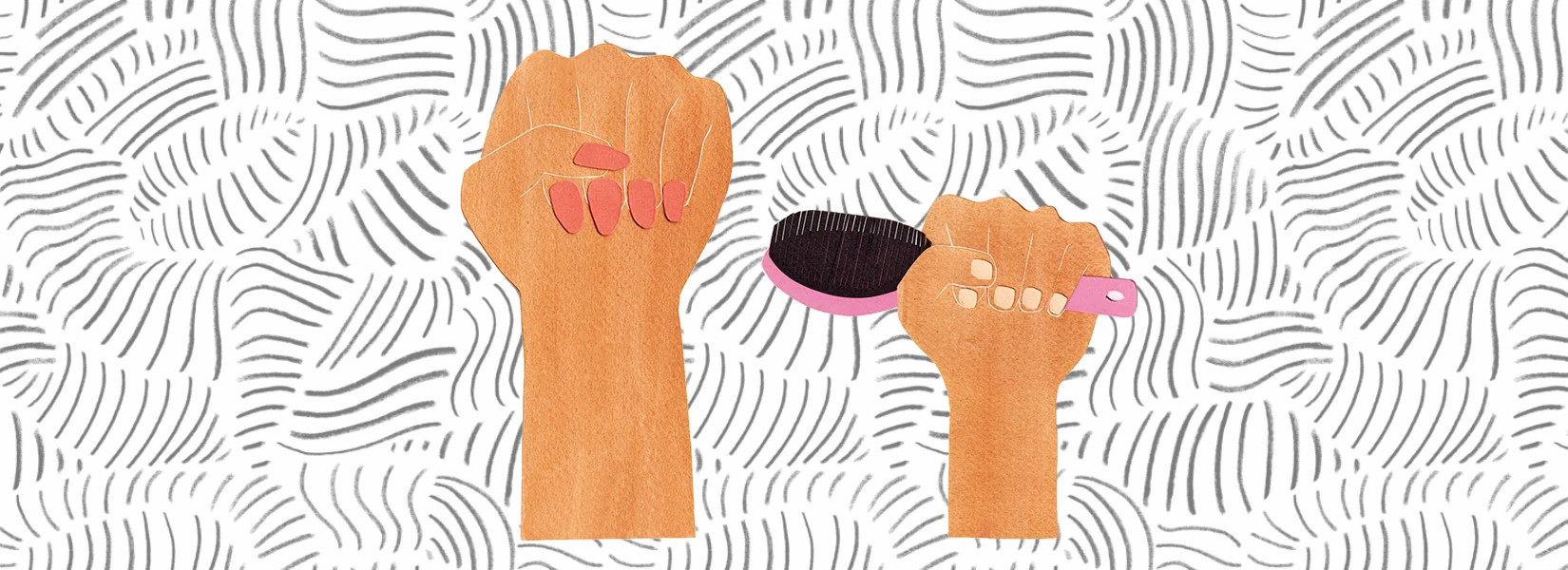 illustration of adult woman hand making a fist and young girl hand holding a pink hairbrush