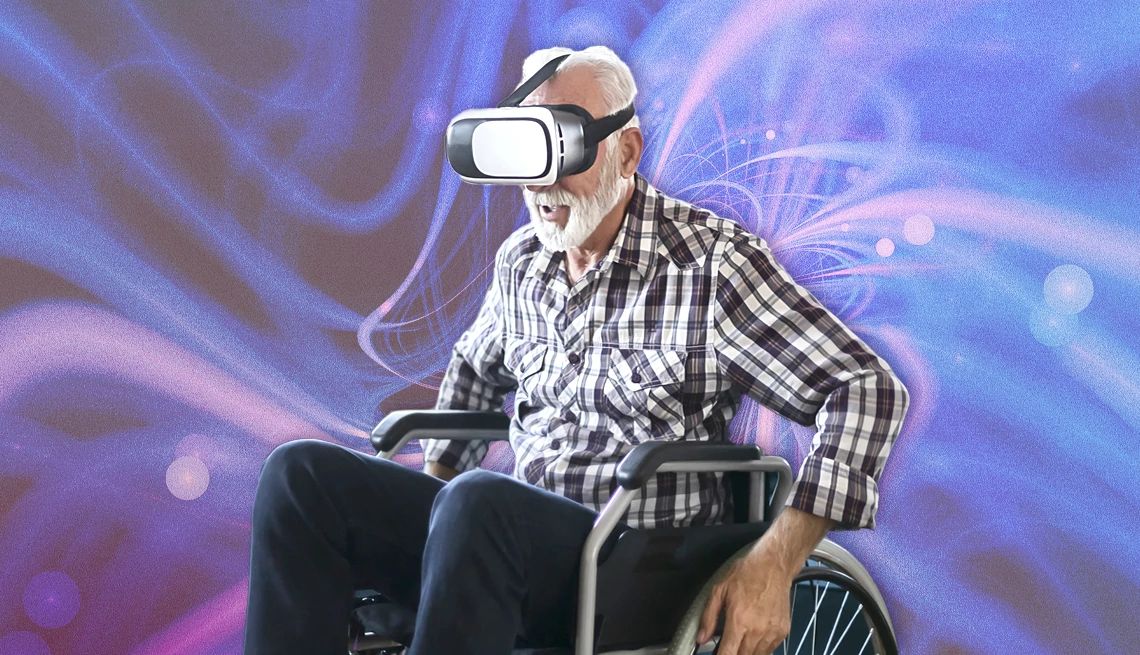 VR and AR for Caregivers an older adult in a wheelchair uses a virtual reality headset