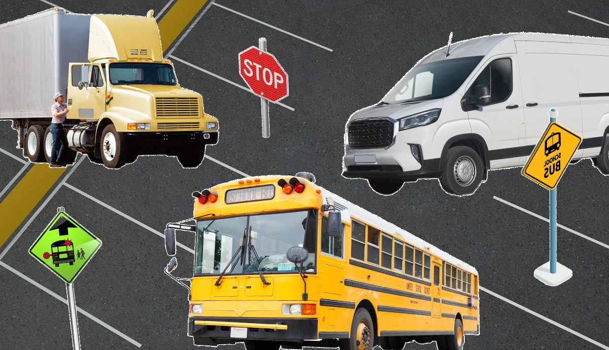 a collage of an 18-wheeler, cargo van and school bus