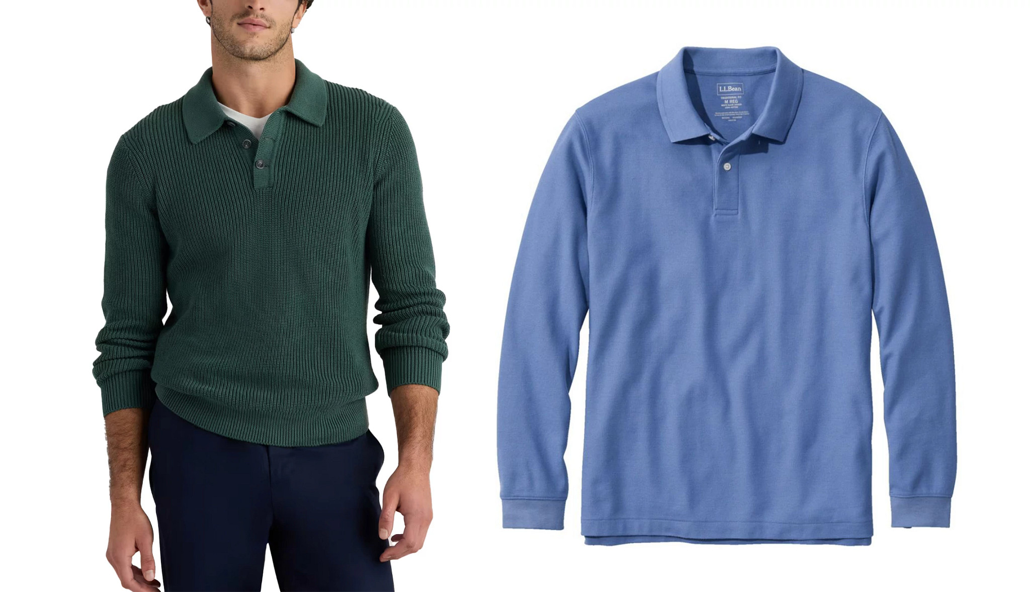a collage with two different styles of mens long sleeve polo shirts