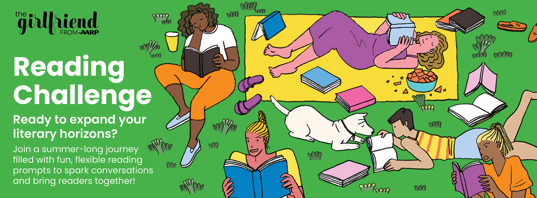 Illustration of women enjoying outdoor reading on a blanket and grass with books, snacks, and a dog during a summer reading challenge