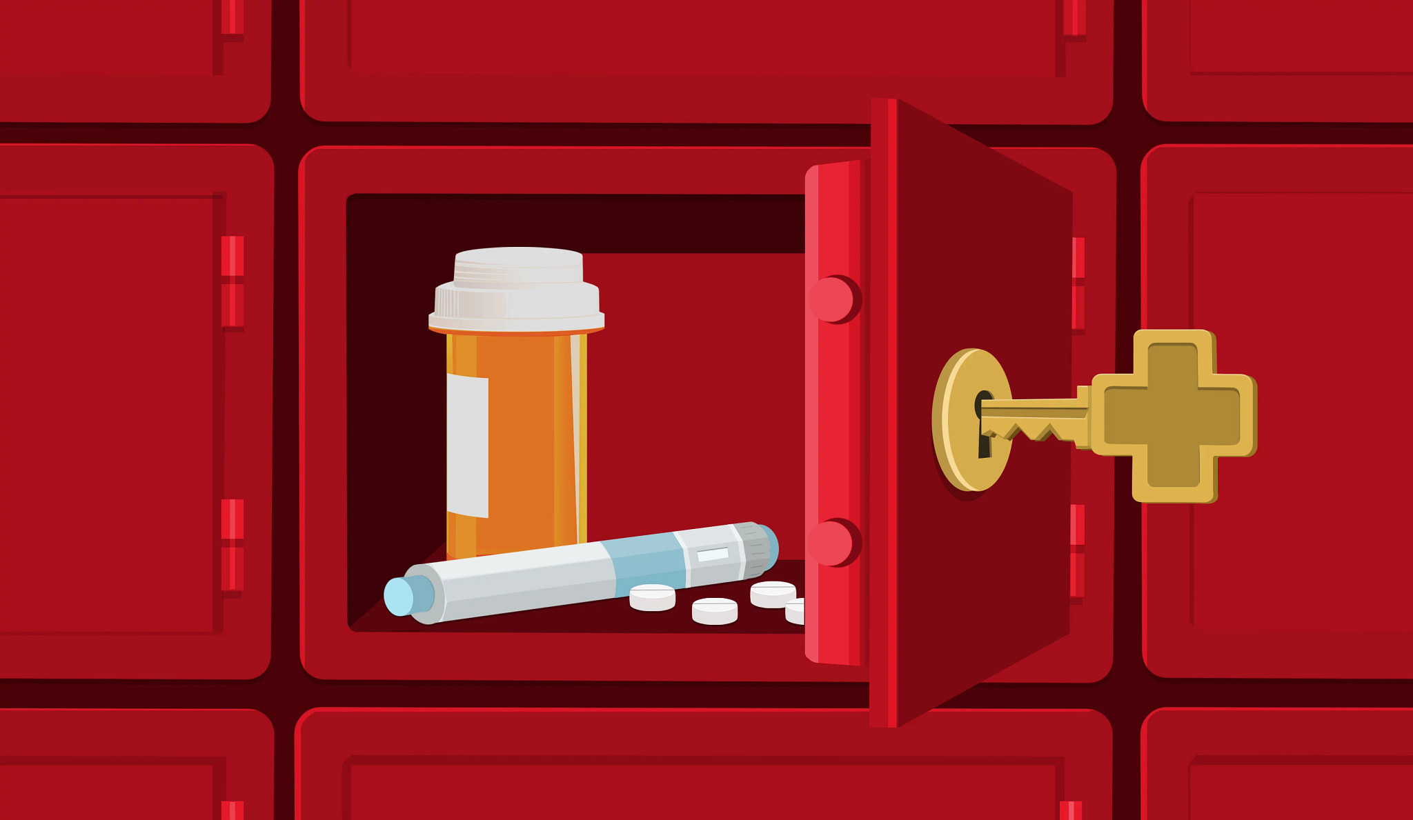 Illustration of an open red safety deposit box unlocked with a gold cross-shaped key, revealing a prescription pill bottle, an injection pen, and white tablets inside.