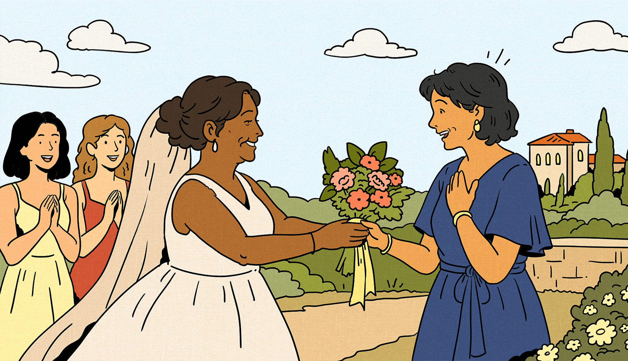 an illustration shows a bride handing off the wedding bouquet instead of tossing it