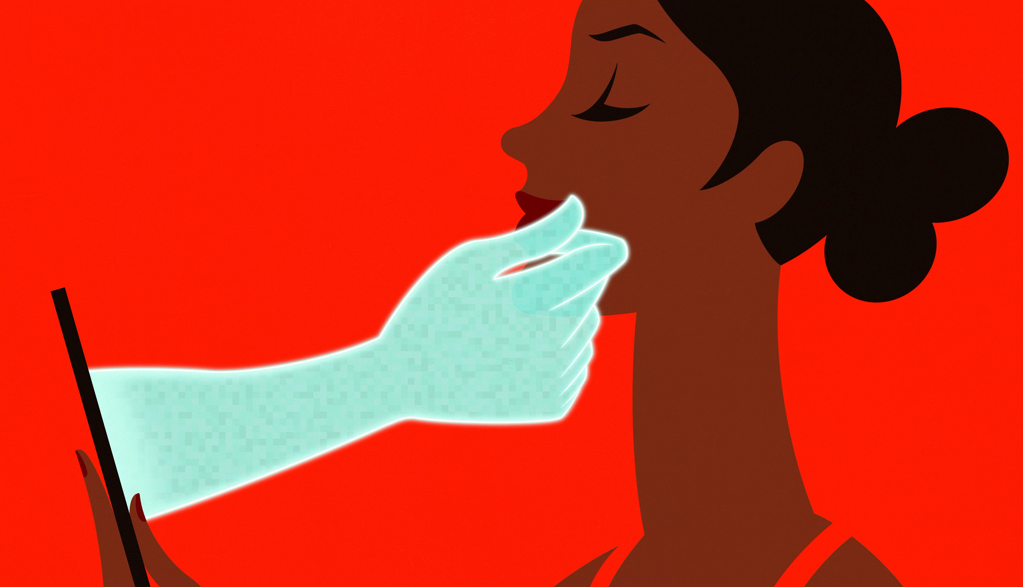 an illustration shows a hand reaching out from a computer screen to touch the face of a woman