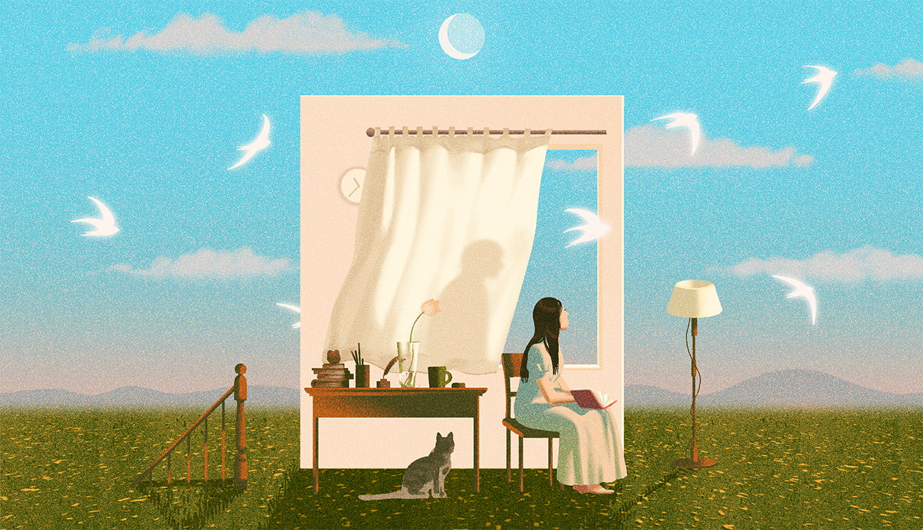 Illustration of nature background with a woman sitting in her son's room remembering her father