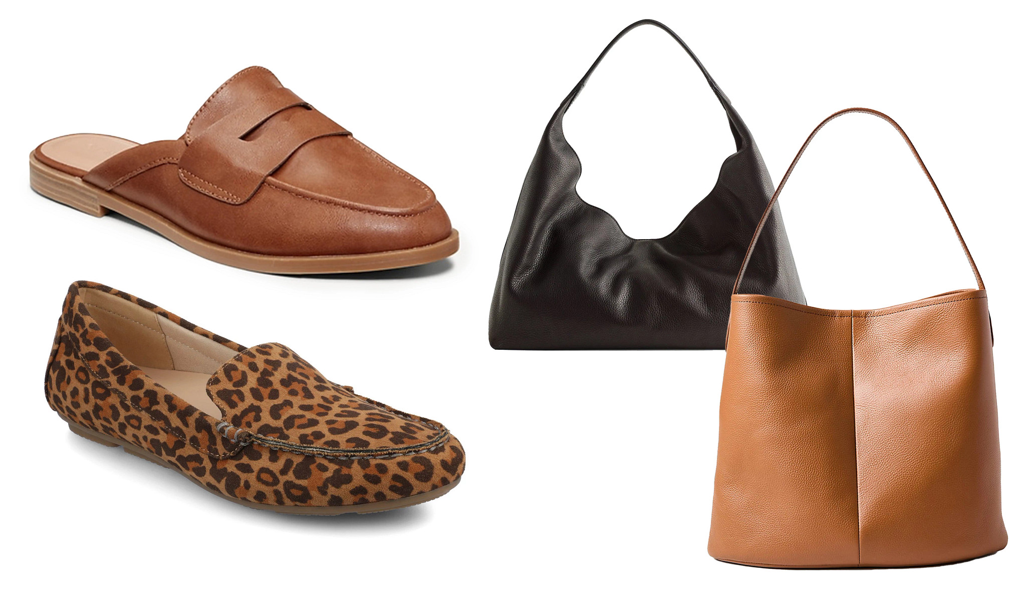 two different styles of slip on shoes and two different handbags
