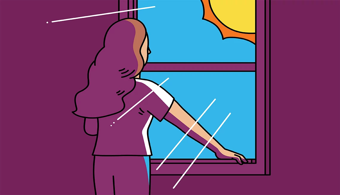 A back-view illustration of a person with long hair opening a window to look at a large, bright orange sun in a blue sky