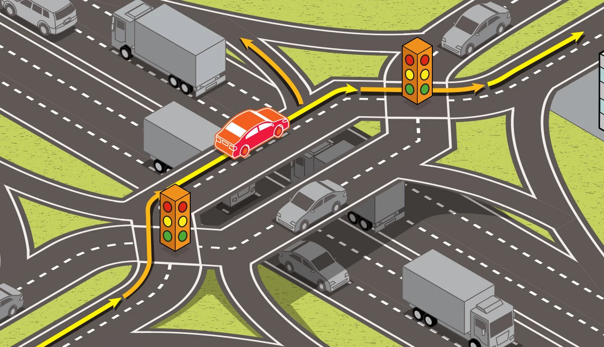 a graphic illustration with a three quarters view shows multiple cars negotiating a diverging diamond highway interchange