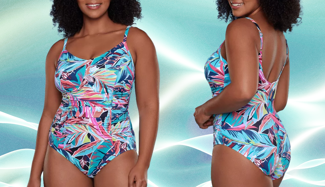 Aqua Green Women’s UPF50 Shirred V-Neck One-Piece Swimsuit