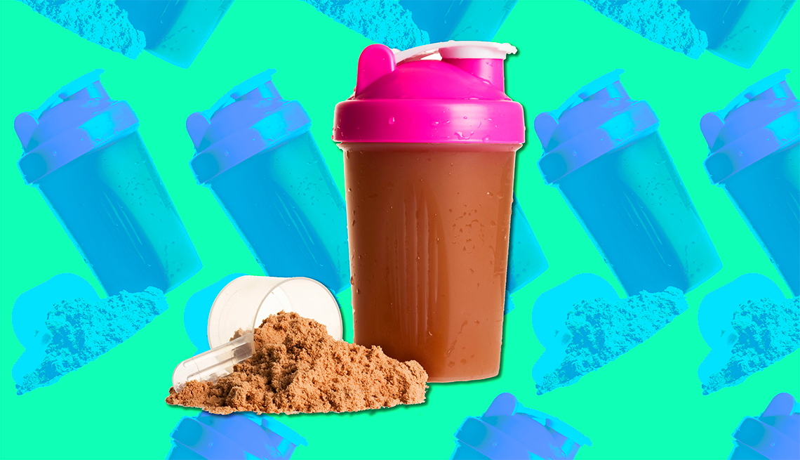 Caregiver Cooking Tips An illustration shows a scoop spilling nutritional powder next to a travel cup. Similar images serve as the illustration’s background.