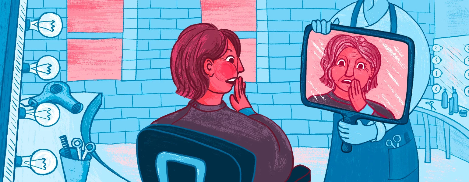 illustration of woman looking in the mirror and seeing her mom