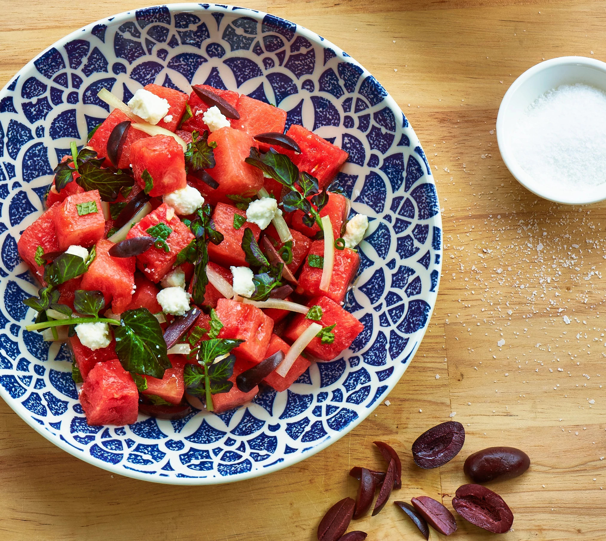 Watermelon and feta salad on plate