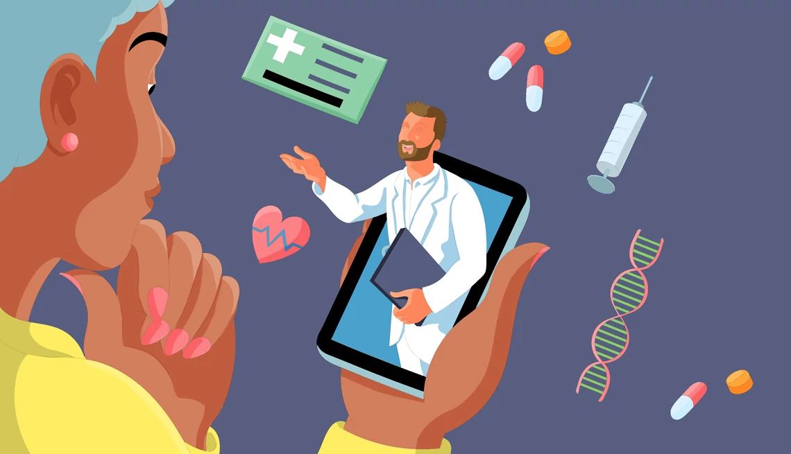 save money on health care a doctor in a smartphone provides advice while being surrounded by items associated with health care