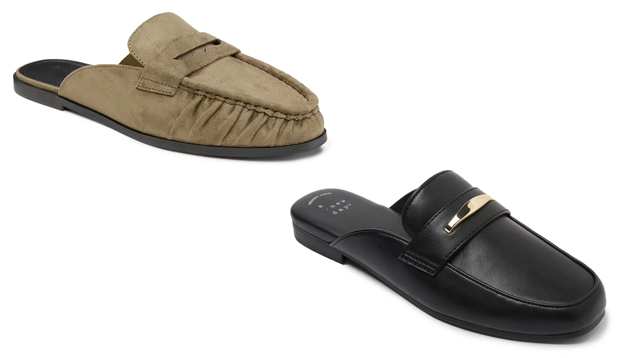 a collage with two different styles of slip on mule shoes