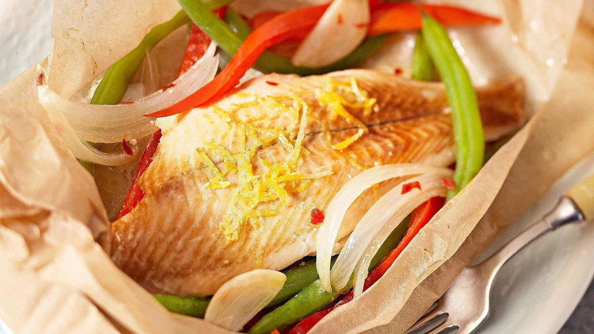 A close-up view of Thai sole and vegetables