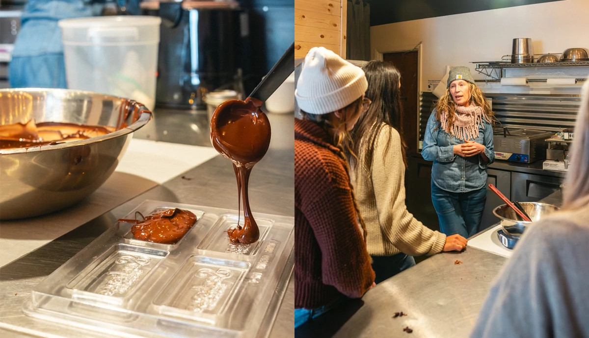 a split image of chocolate being poured and a woman giving a tour inside a factory