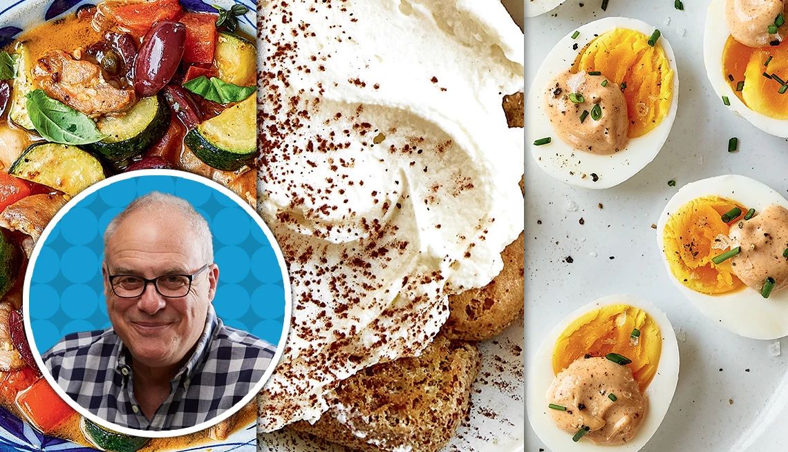 Mark Bittman’s summer menu for two Side-by-sides of provençal chicken, tiramisu and dijon deviled eggs; image of Mark Bittman in circle in bottom left