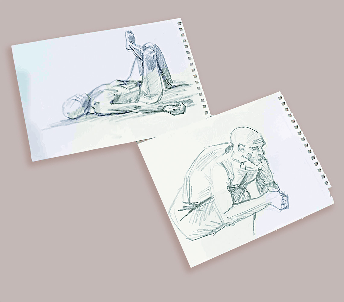 Artist sketches show Kahn in various poses. He might have to hold a pose for up to 20 minutes.