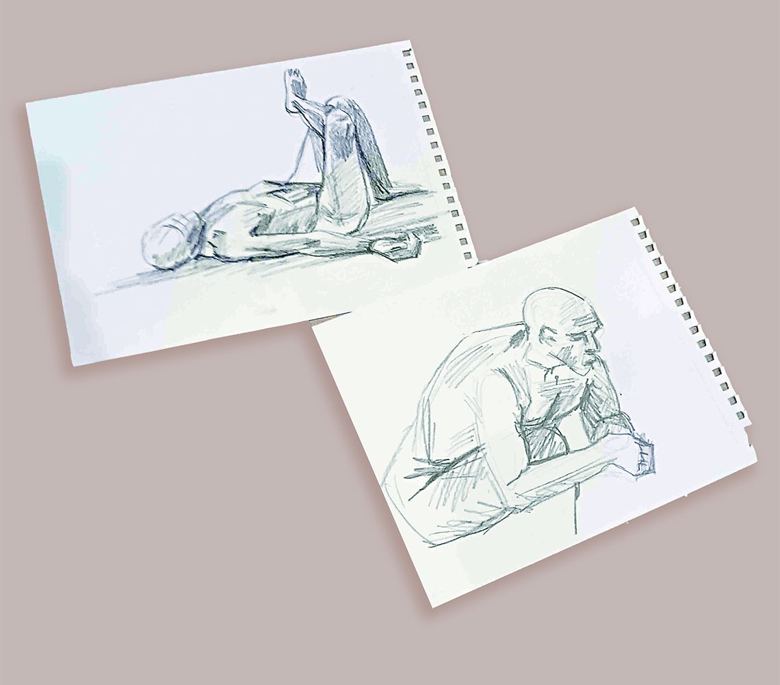 I’m a Nude Model at 73 Artist sketches show Kahn in various poses. He might have to hold a pose for up to 20 minutes.