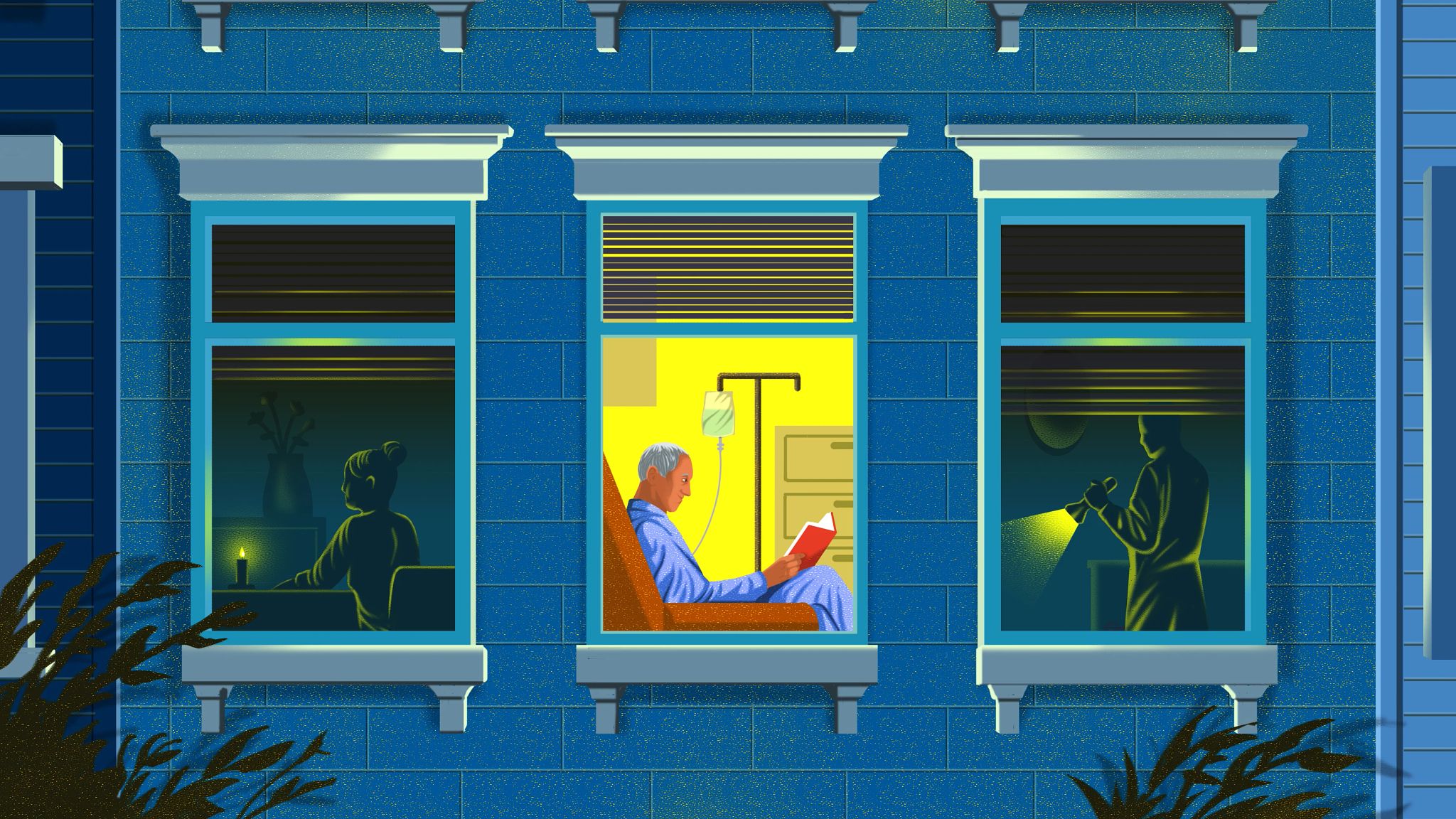 Ilustración muestra tres ventanas en un edificio de apartamentos, la del medio es la única que tiene fluido eléctrico y se ve un hombre sentado leyendo.