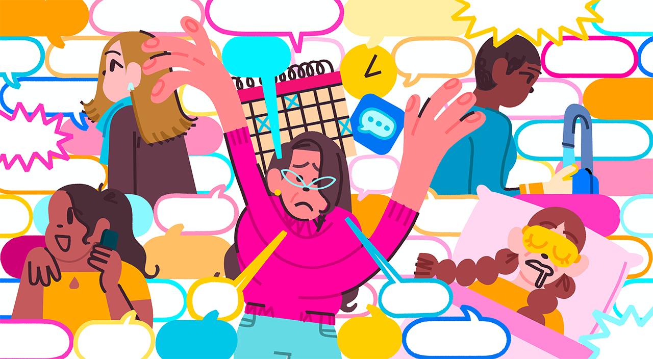 illustration of frantic woman surrounded by women doing different tasks