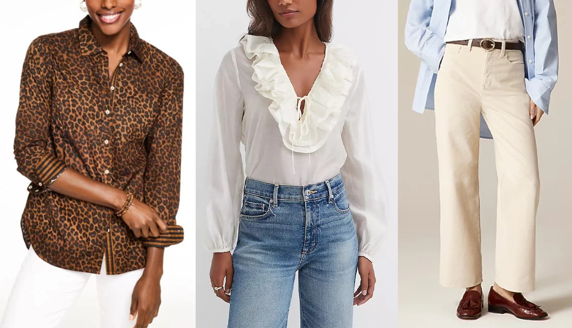 a collage with two blouses and a pair of corduroy trousers