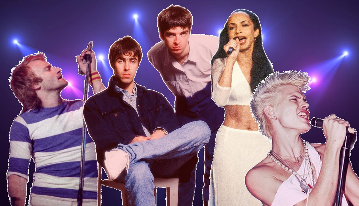 a collage with images of phil collins, liam and noel gallagher of oasis, sade and billy idol