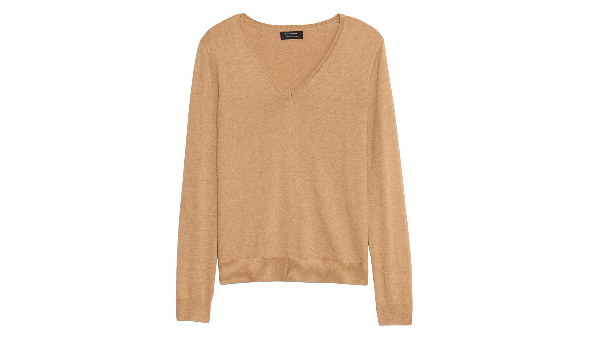 a camel colored v neck sweater