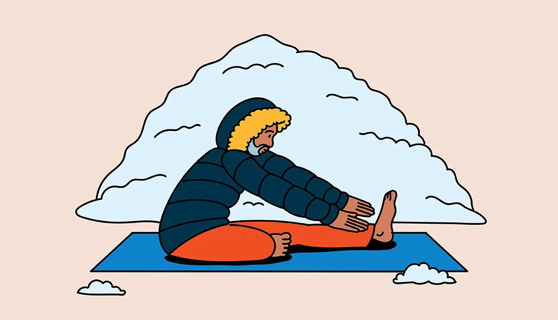 Winter Workouts illustration of someone stretching in a parka