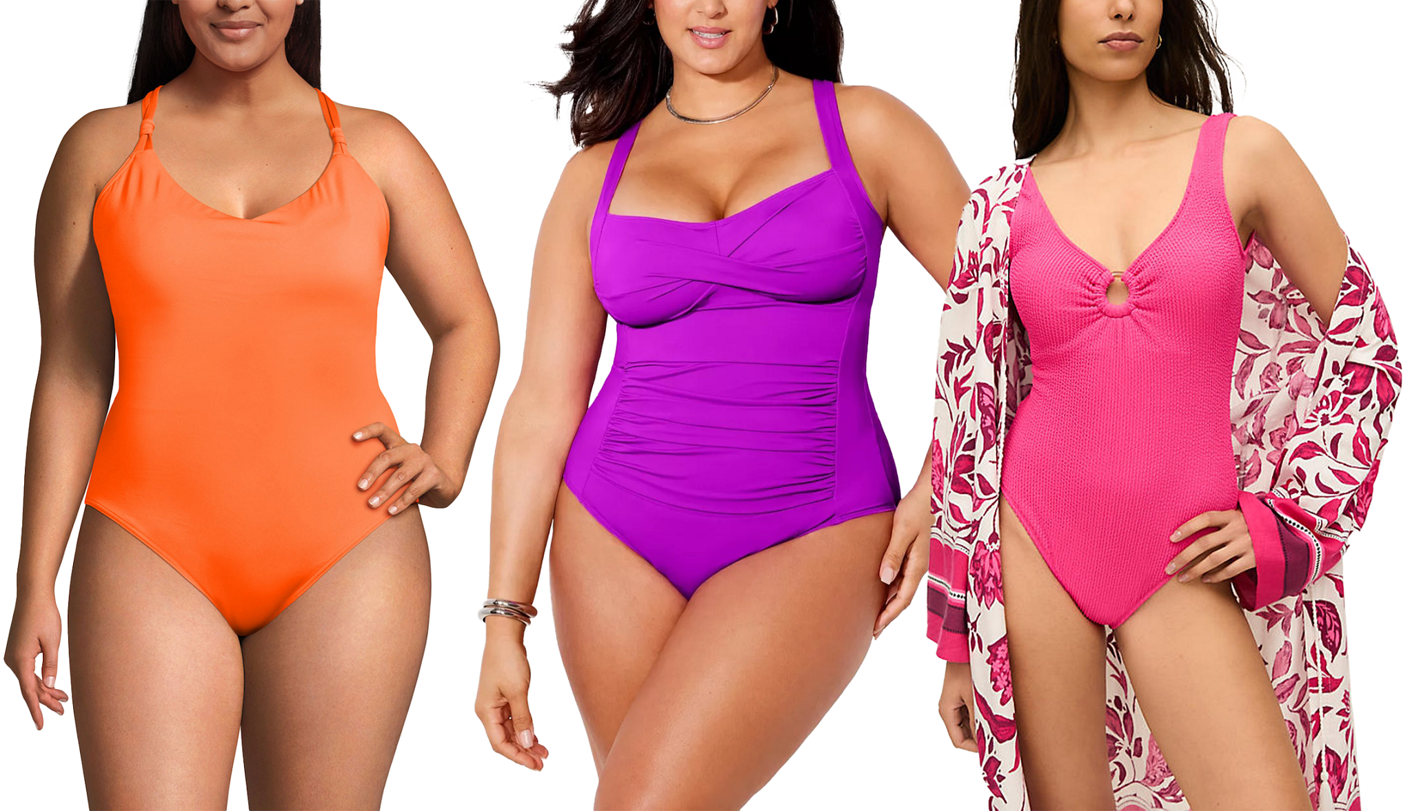 three models wearing different styles of one piece bathing suits in bright colors