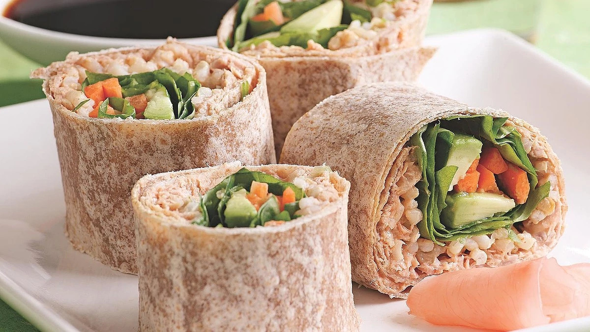 A close-up of spicy tuna wrap on a plate