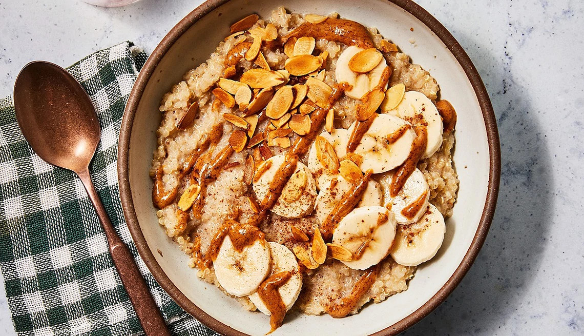 A close-up view of a cinnamon-quinoa breakfast bowl