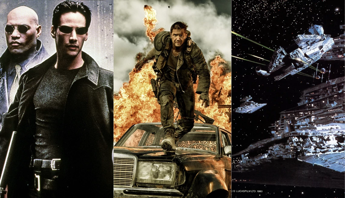 a collage with images of scenes from the matrix, mad max fury road and star wars