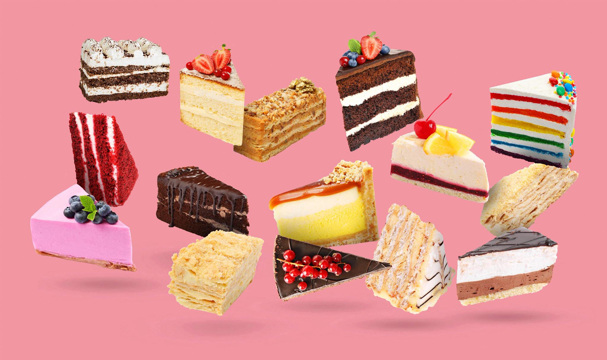 Collection of assorted cake slices and desserts floating against a pink background, including chocolate cake, cheesecake, rainbow cake, berry cake, layered pastries, and frosted desserts