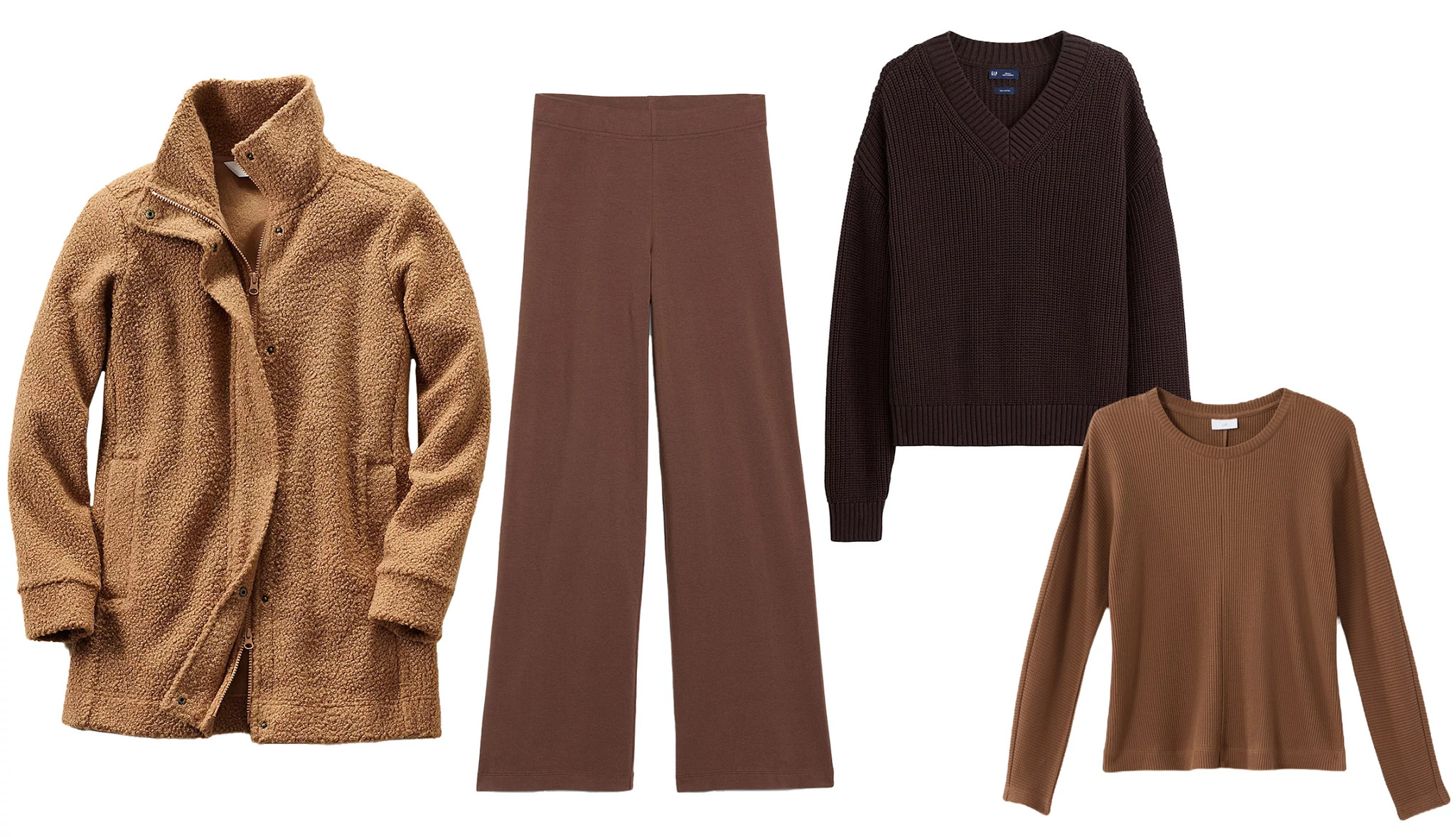 a collage with a brown fleece jacket, a pair of brown wide leg trousers, a dark brown oversized sweater and a brown cable knit sweater