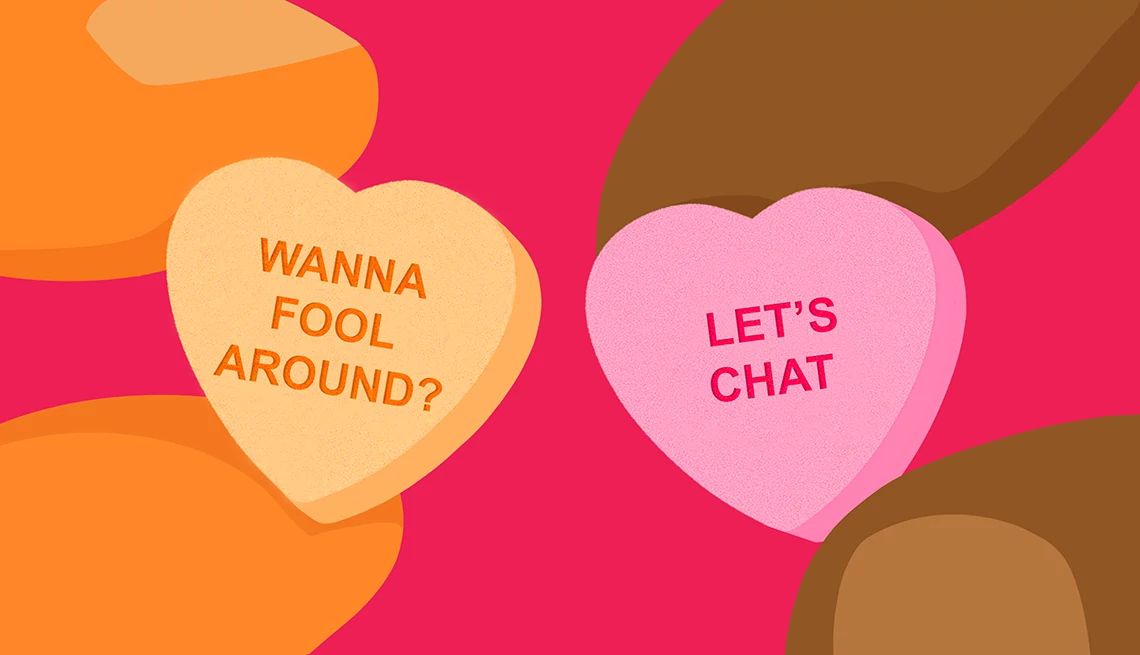 Different Love Languages An illustration shows a man and a woman holding candy hearts. His says ‘wanna fool around?’ Hers says ‘let’s chat’
