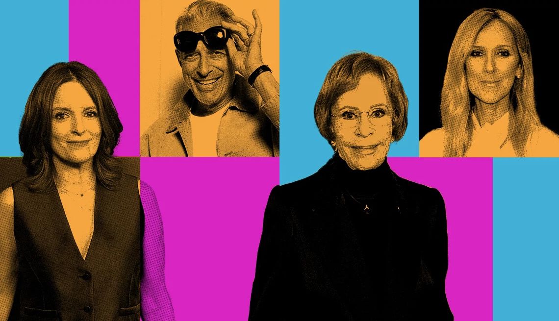 Tina Fey, Jeff Goldblum, Carol Burnett and Celine Dion Tina Fey, Jeff Goldblum, Carol Burnett and Celine Dion on a blue, purple and orange background