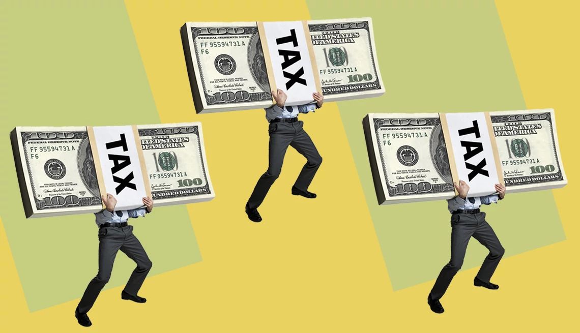 men holding bills labeled tax