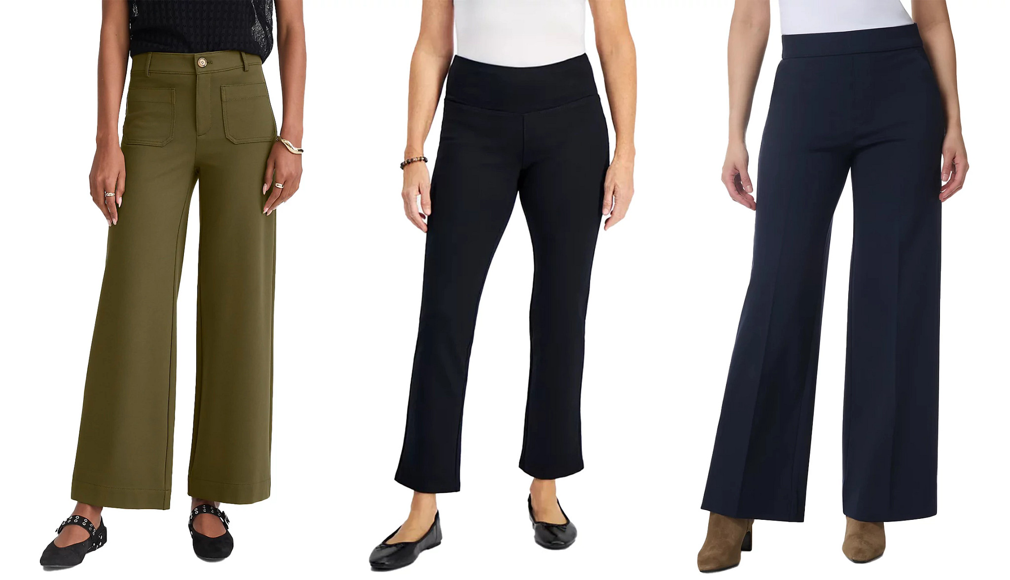 a collage with three different styles of women flat front wide leg and straight leg pants