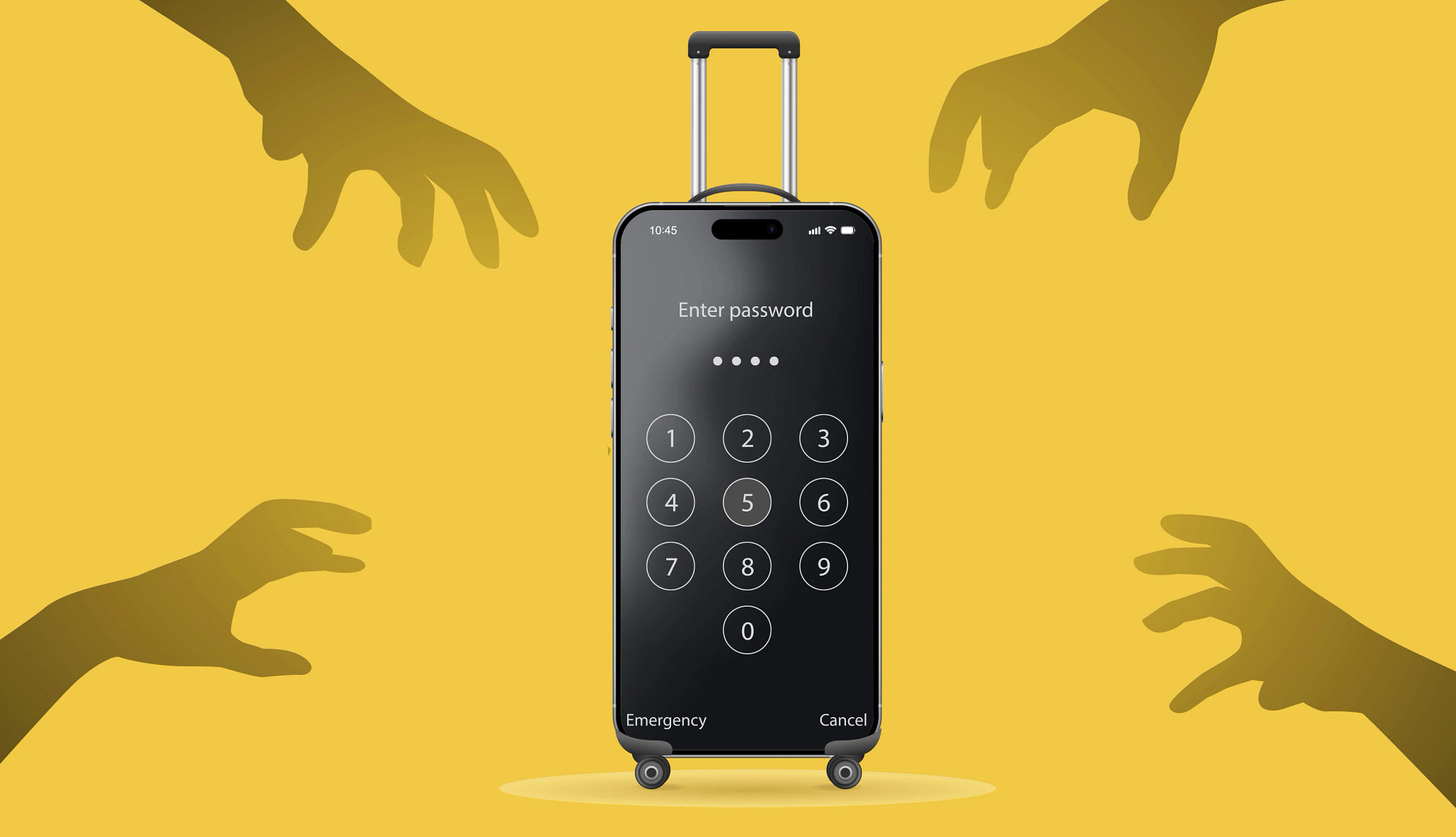 A smartphone in the shape of a travel suitcase being grabbed at by four shadow hands