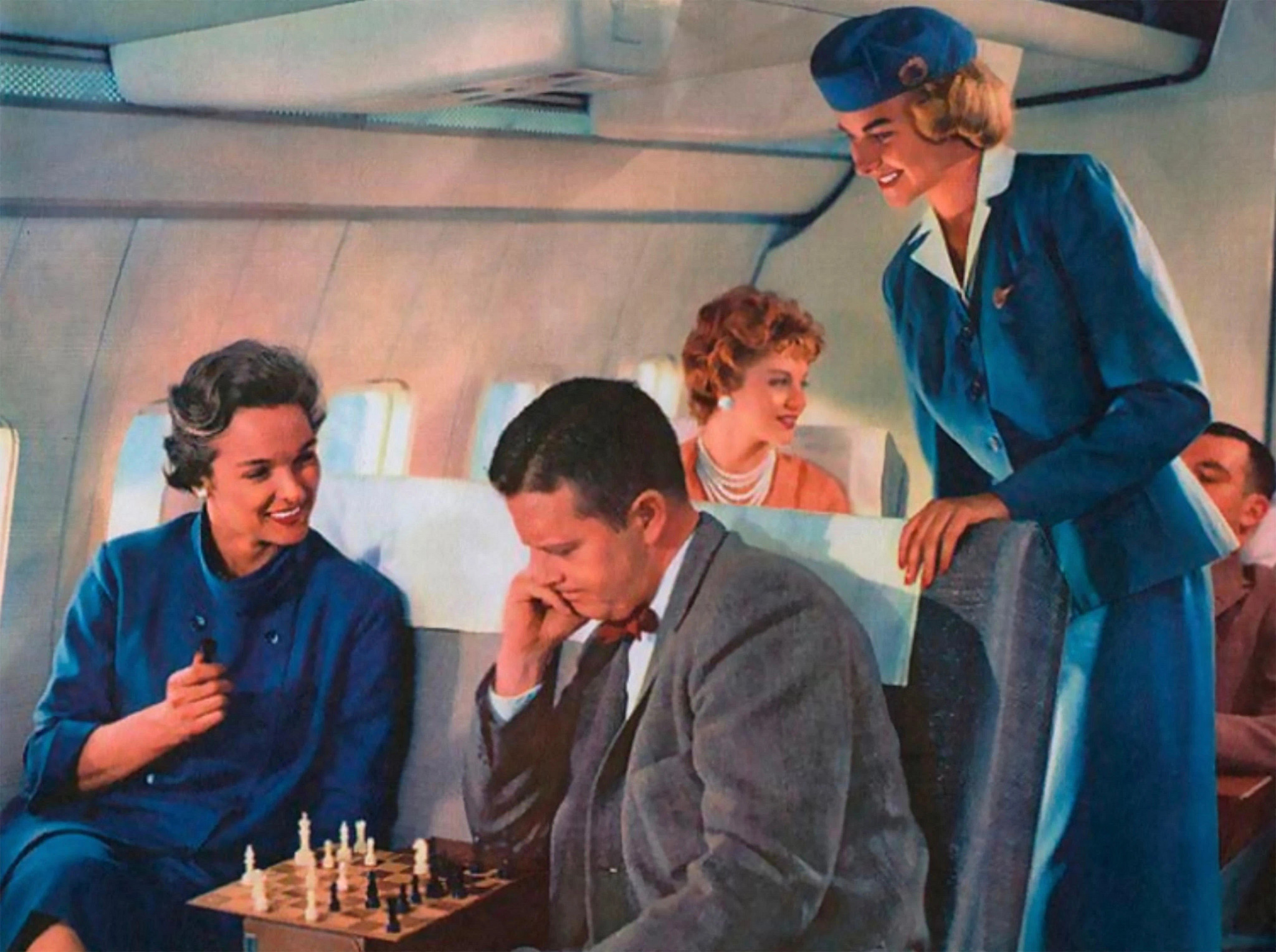 an illustration of passengers playing chess on an airplane during the mid 20th century